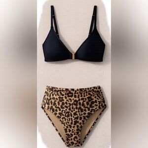 Black Bikini Top with Leopard High-Waist Bottoms